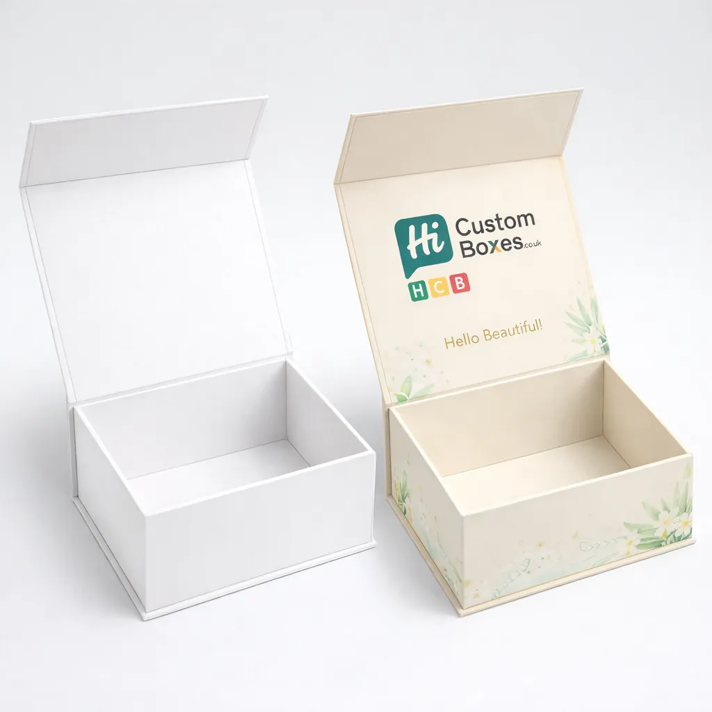 Two white sliding drawer boxes, one plain and one with elegant blue wave-patterned branding. class=